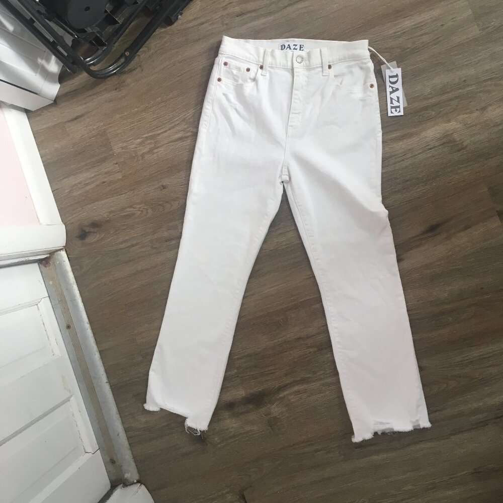 DAZE Shy Girl Distressed White Crop Flare Jeans Size 28